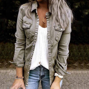 Solid Color Lapel Neck Pleated Denim Jacket