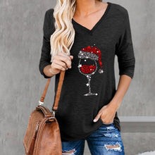 Load image into Gallery viewer, Women&#39;s Christmas Wine Glass Print V-Neck T-Shirt