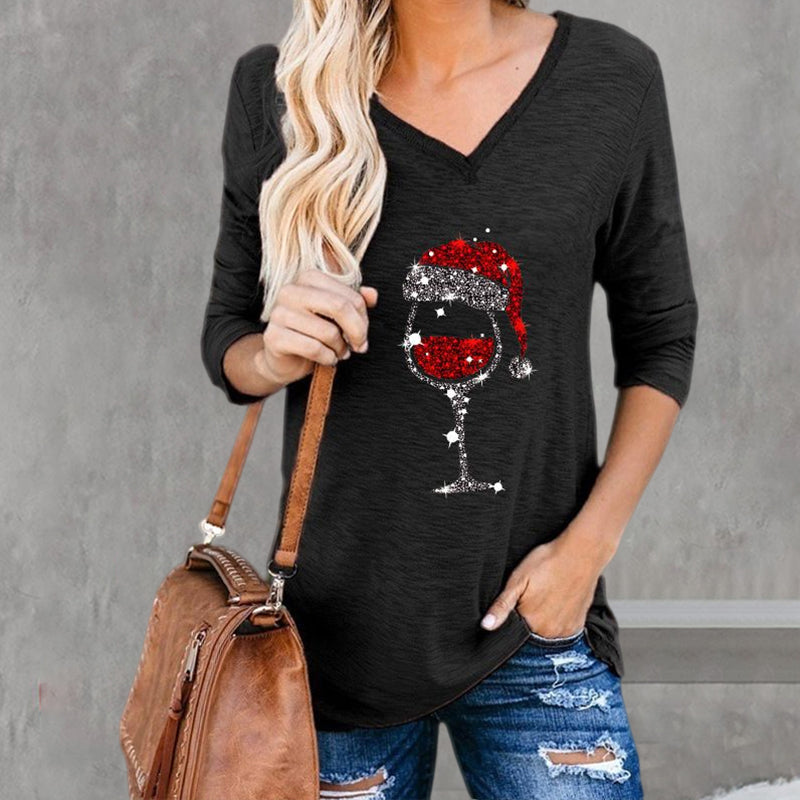Women's Christmas Wine Glass Print V-Neck T-Shirt