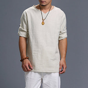 Men's Long-sleeved V-neck Linen Loose Shirt