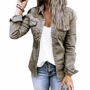 Solid Color Lapel Neck Pleated Denim Jacket