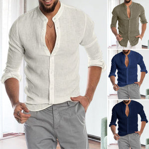 Long-sleeved Loose-fitting Men's Shirt With A Stand-up Collar In Linen
