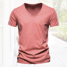 Load image into Gallery viewer, Plain Slub Cotton V-neck T-shirt