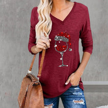 Load image into Gallery viewer, Women&#39;s Christmas Wine Glass Print V-Neck T-Shirt