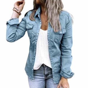 Solid Color Lapel Neck Pleated Denim Jacket