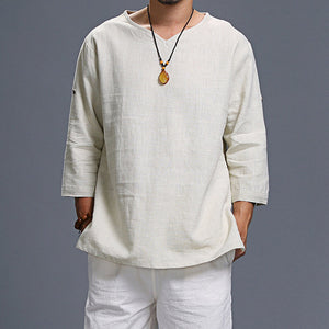 Men's Long-sleeved V-neck Linen Loose Shirt