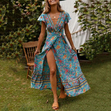 Load image into Gallery viewer, New Bohemian Big Pendulum V-Neck Beach Holiday Tie Printing Maxi Dresses.MC