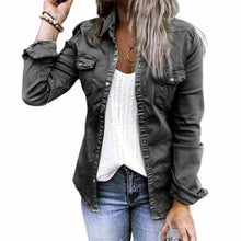 Load image into Gallery viewer, Solid Color Lapel Neck Pleated Denim Jacket