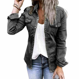 Solid Color Lapel Neck Pleated Denim Jacket