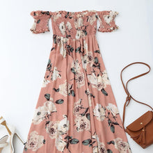 Load image into Gallery viewer, Off Shoulder Shirred Slit Floral Maxi Dress
