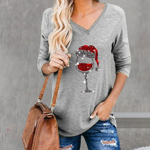 Women's Christmas Wine Glass Print V-Neck T-Shirt