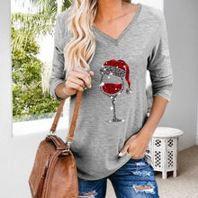 Load image into Gallery viewer, Women&#39;s Christmas Wine Glass Print V-Neck T-Shirt