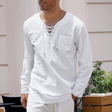 Load image into Gallery viewer, Men&#39;s Cotton Linen Casual Lace-Up V-Neck Long Sleeve T-Shirt