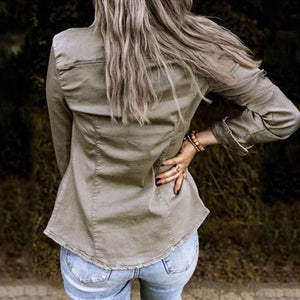 Solid Color Lapel Neck Pleated Denim Jacket