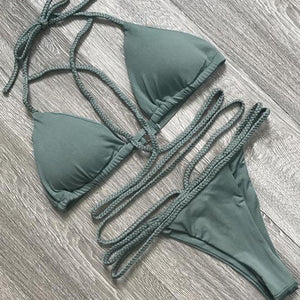 Solid Color Lace-Up Swimsuit