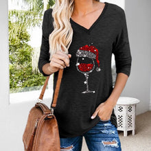 Load image into Gallery viewer, Women&#39;s Christmas Wine Glass Print V-Neck T-Shirt