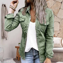 Load image into Gallery viewer, Solid Color Lapel Neck Pleated Denim Jacket