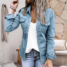 Load image into Gallery viewer, Solid Color Lapel Neck Pleated Denim Jacket