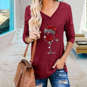 Women's Christmas Wine Glass Print V-Neck T-Shirt