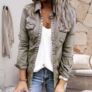 Solid Color Lapel Neck Pleated Denim Jacket