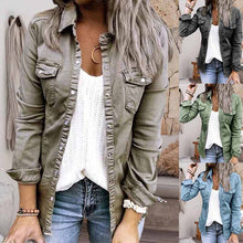 Load image into Gallery viewer, Solid Color Lapel Neck Pleated Denim Jacket