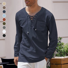 Load image into Gallery viewer, Men&#39;s Cotton Linen Casual Lace-Up V-Neck Long Sleeve T-Shirt