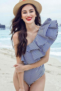 New Cutout Back Layered Ruffle One Shoulder One Piece Swimsuit in Stripe.MC