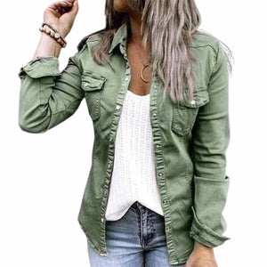 Solid Color Lapel Neck Pleated Denim Jacket