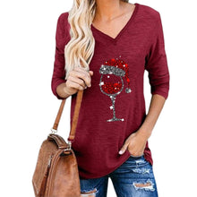 Load image into Gallery viewer, Women&#39;s Christmas Wine Glass Print V-Neck T-Shirt