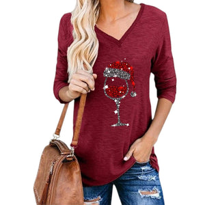 Women's Christmas Wine Glass Print V-Neck T-Shirt