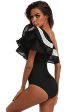 Load image into Gallery viewer, New Contrast Meshlet Ruffle One Shoulder One Piece Swimsuit in Black.AQ