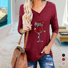 Load image into Gallery viewer, Women&#39;s Christmas Wine Glass Print V-Neck T-Shirt