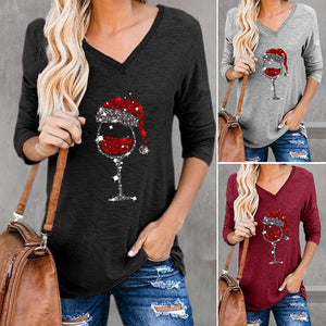 Women's Christmas Wine Glass Print V-Neck T-Shirt